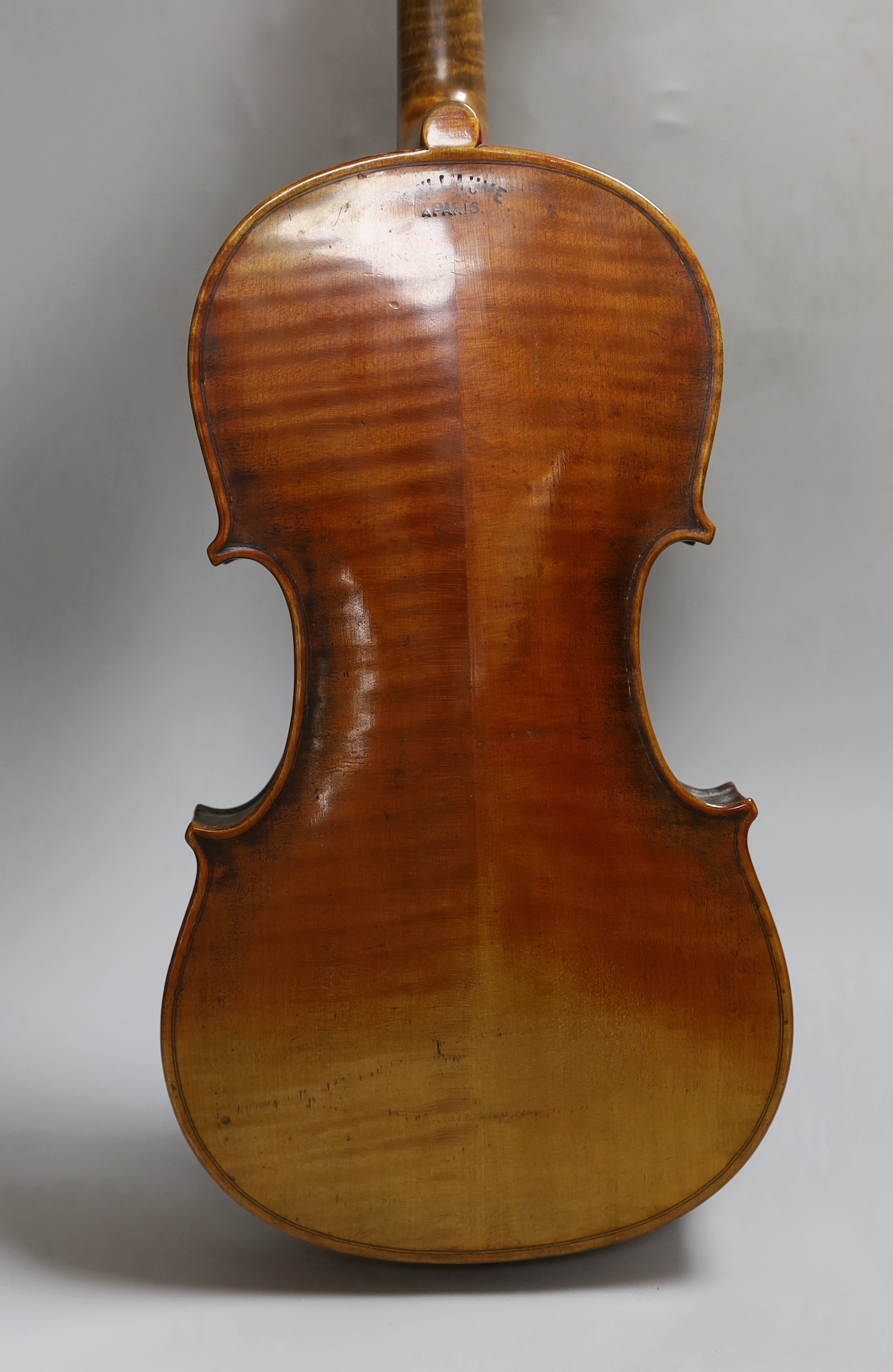 A Vuillaume violin with a bow, in case, back measures 36cm excl button